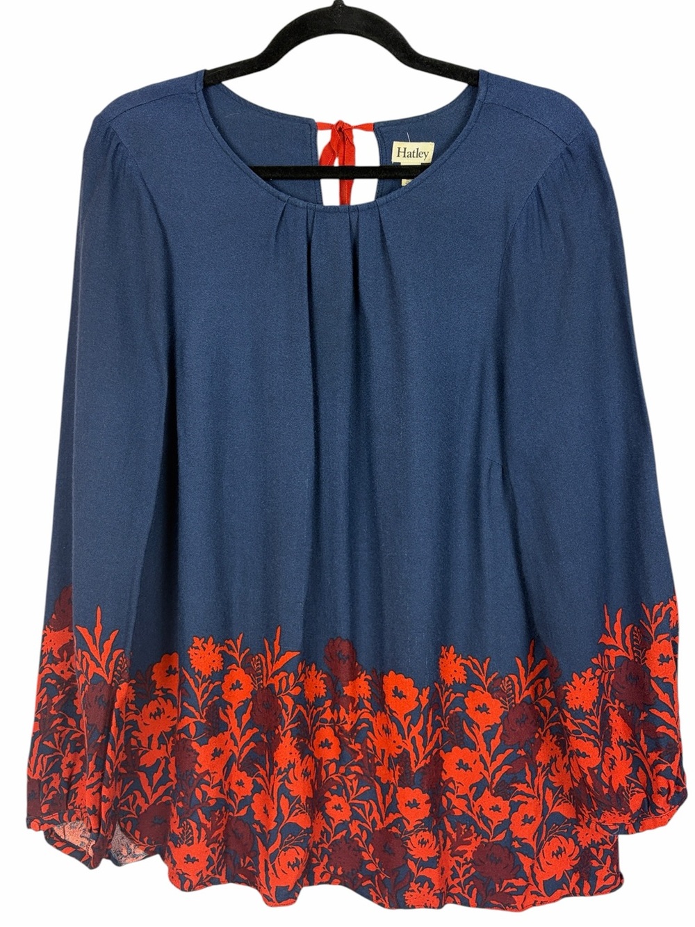 Hatley Navy Floral Border Print 100% Viscose Tie Back Blouse Medium